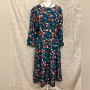 Floral Midi Dress Size XL (Estimate) Navy Blue Red Pink Roses Short Sleeve Boho